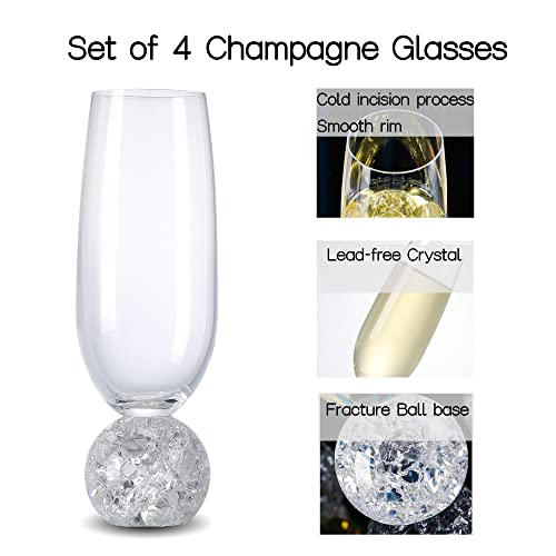 Hanjue Lead-free Crystal Champagne Glasses Set of 4, 7 Oz Clear Champagne Flutes - Ideal for Gifts,Parties, Wedding, Christmas - Long-lasting and Reusable Bar Glassware - color: Fracture balls