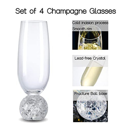 Hanjue Lead-free Crystal Champagne Glasses Set of 4, 7 Oz Clear Champagne Flutes - Ideal for Gifts,Parties, Wedding, Christmas - Long-lasting and Reusable Bar Glassware - color: Fracture balls