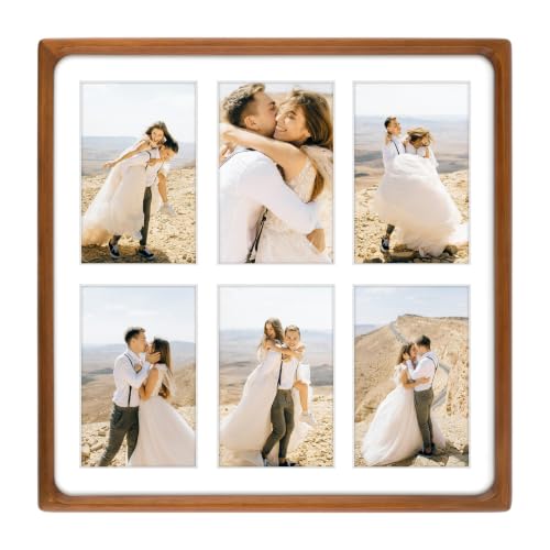 Golden State Art 4x6 Collage Picture Frame,Solid Wood & Real Glass,6 Photos | Multi Picture Frame for (6) 4x6 Photos or One 13.5x13.5 Print - Rounded Corner Design - Collage Wall Decor - Brown - color: Brown, size: 6 Openings 4x6
