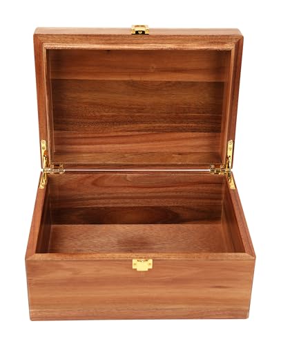 Handmade Premium Solid Acacia Wood Box with Hinged Lid – Natural Unique Finish, Golden Hinges & Latch Closure, Secure Storage for Tea, Jewelry, Crafts, Tools & More – 11" x 8" x 5.25" inch - size: 11 x 8 x 5.25 inch