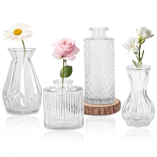 Set of 4 Glass Bud Vase Set, Small Vintage Clear Flower Vase Centerpieces for Table Bulk Cute Rustic Style Mini Vase for Home Decor Wedding Baby Shower Birthday Party - color: Clear
