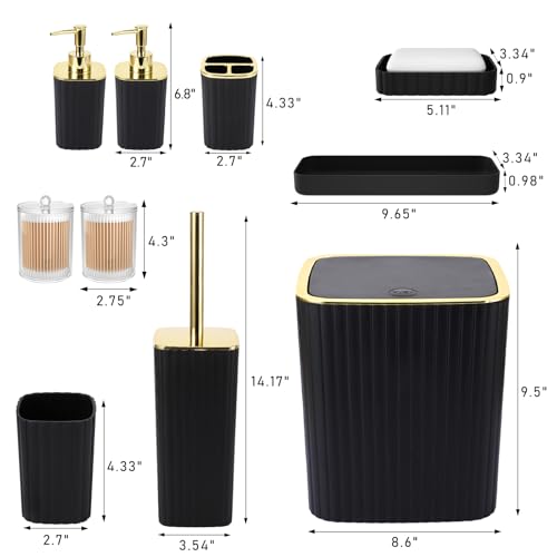 XLHOMO Bathroom Accessories Set - Gorgeous Black Bathroom Set, 10PC Bathroom Accessory Set, Toilet Brush, Trash Can, Qtip Holder & Soap Dispenser - size: Bath Set, style: Black&Gold