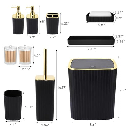 XLHOMO Bathroom Accessories Set - Gorgeous Black Bathroom Set, 10PC Bathroom Accessory Set, Toilet Brush, Trash Can, Qtip Holder & Soap Dispenser - size: Bath Set, style: Black&Gold