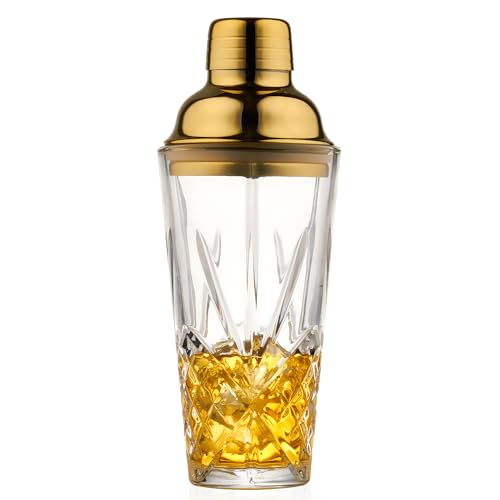 15oz Gold Lid Crystal Cocktail Shaker, Lead-Free Glass with #304 Steel Strainer,Dishwasher Safe,Fit the Coffee Table Decor, Wedding Favors and any Bar Cabinet.(Leak-Proof) - color: Gold Cocktail Shaker
