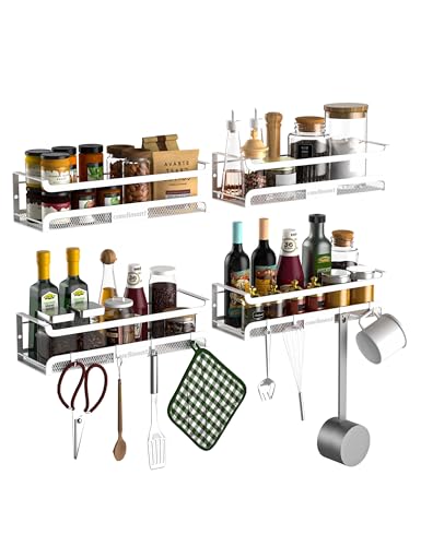 Spice Rack Wall Mount with Hooks - Spice Racks Organizer for Cabinet Storage, Wall Mounted Hanging Shelf Seasoning Organizer, for Kitchen, Pantry Door, Bathroom (White, 4 Pack) - color: White, size: 4 Pack