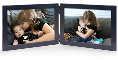 Double 5x7 Horizontal Picture Frame, Black Clean-Lined Wood | Hinged foldable design, fits two 5 x 7 landscape photos, 4.5x6.5 visible openings, tabletop or wall use - color: Black, size: 2-5x7