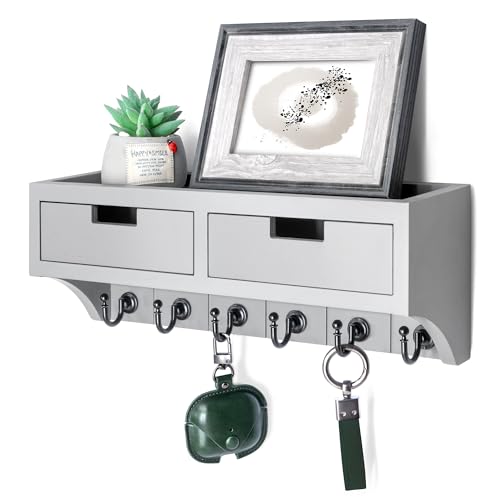 Rebee Vision Key Holder Wall Mount with 2 Drawers for Entryway, Light Gray | Key Holder for Wall, Mail Organizer, 6 Key Hooks, Floating Shelf, Drawer Organizer, Apartment Essential, Aesthetic Room Decor - color: Gray, style: 2-Drawer