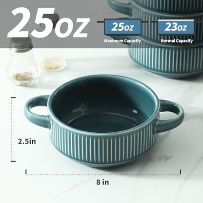 Soup Bowls with Handles, 23 oz French Onion Soup Crocks, Stackable Soup Bowl Oven Safe for Chili, Beef Stew, Embossment Ceramic Bowl Set - 5.4 Inch, Set of 4,Light blue - color: Light Blue