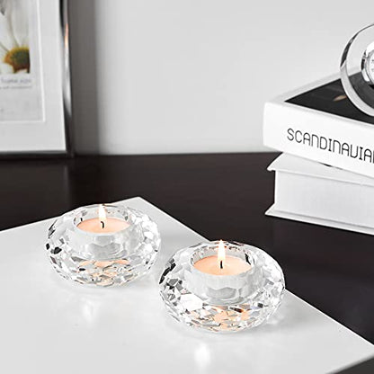 Kitcom Crystal Tealight Candle Holders Pack of 2, Hand-Cut Candle Holder Home Decor for Wedding Banquet Dinner 3.2" Diameter x 1.6" High, Clear - size: W3.2''×H1.6''