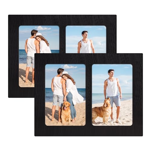 YESKAY 4x6 Picture Frame Collage Set of 2,Double Wood Photo Frames 4 x 6 with Real Glass,2-Opening 4 by 6 Photos for Wall Decor or Tabletop,Rustic Black - color: Rustic Black, size: 4x6-2 Opening(OD:7x10in)
