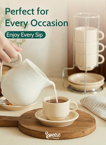 Sweese Porcelain Espresso Cups Set, 2.5 oz, Stackable with Saucers Metal Stand, Beige, 4 Pack - color: Beige, size: 2.5 Ounces