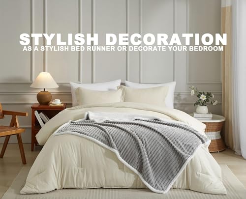 520GSM Sherpa Fleece Throw Blanket, Heavyweight Double Layer Striped Plush Blanket for Couch Sofa Bed, Soft Warm Reversible Fuzzy Flannel Throw, Oeko-TEX Certified, 50x60 Inches, Grey