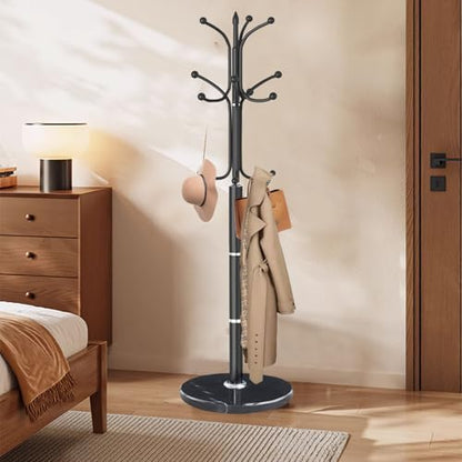 Coat Rack Stand,Black Metal Coat Rack Freestanding with 12 Hooks | Modern Coat Rack with Natural Marble Base,Heavy Duty Coat Hanger Stand, Coat Hall Clothes Tree Stand for Office,Bebroom - color: Black-12Hooks