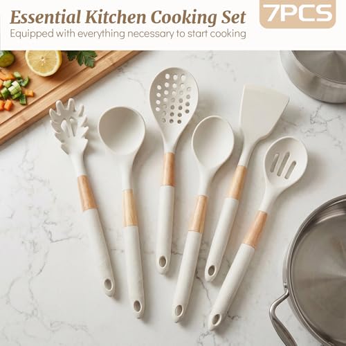 Chef Kitchen Cooking Utensils Set, Heat Resistant Silicone Kitchen Utensils Sets with Storage Rack, 7PCS Gadgets Tools Set with Wooden Handle for Nonstick Cookware,Tongs, Turner, Skimmer (White) - color: White
