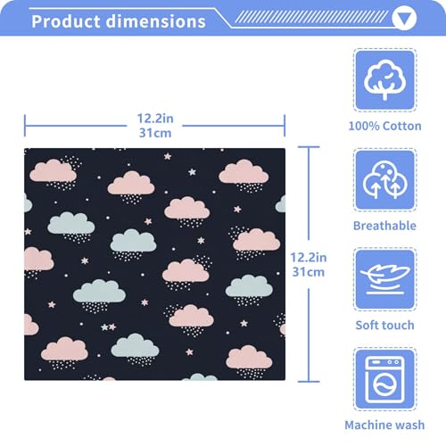 Burbuja Pink Blue Cloud Cotton Washcloths Set of 2, Highly Soft & Absorbent Fingertip Towels for Bathroom Spa Gym Kitchen, 12 x 12 in