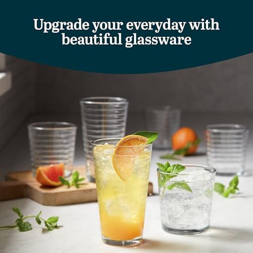 Libbey Hoops Tumbler and Rock Glass Set, Two Sized Nostalgic Retro Glass Cups Set, Dishwasher Safe Glasses Drinking Set of 16 for Any Occasion - color: 09 - Hoops