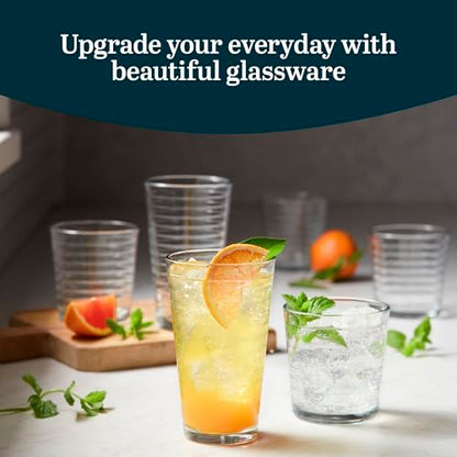 Libbey Hoops Tumbler and Rock Glass Set, Two Sized Nostalgic Retro Glass Cups Set, Dishwasher Safe Glasses Drinking Set of 16 for Any Occasion - color: 09 - Hoops