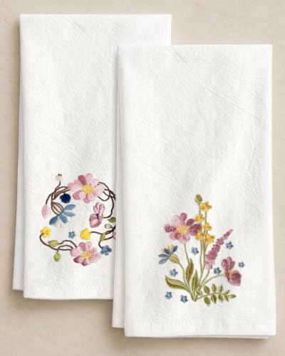 Embroidered Flour Sack Kitchen Towels, Watercolor Flowers | Exquisite Embroidery, Pure Cotton, Lightweight, Nostalgic Design, with Hanging Loop, Softer After Wash, Machine Washable - color: Watercolor Flower