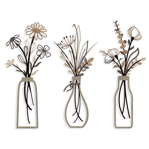 Pigort 3 Pieces Metal Flowers Wall Arts - Rustic Farmhouse Style Décor Metal Wall Art Black Minimalist Flower Natural Themed Wall Decors for Home Bedroom Dining Room Housewarming (Brown) - color: Brown