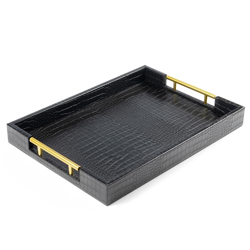 ATZYmolin 17"x12" Leather Serving Tray, Gold Handle Vanity Platter, Black | Rectangle Ottoman Decor Tray, Polished Metal Handles, Coffee Table Bathroom Home Decorative Wood Tray - color: Alligator Black, size: 17" x 12" x 1.8"