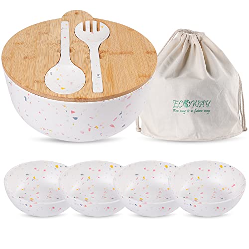 ECOWAY Melamine Salad Bowl, Bamboo Fiber Salad Bowl Large with 4 Small Serving Bowls and Bamboo Lid Cutting Board with Handle and Silicone Seal Ring Perfect for Storage Salad Foods(Spots,9.8 Inches) - color: Multicolor with serving bowls