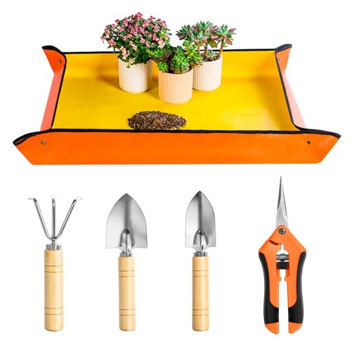 Josteve Plant Repotting Mat, 5Pcs Succulent Tools Mini Garden Small Gardening Tools Indoor, Pruning Shear Gardening Scissor, Hand kit for Bonsai, Cactus, Fairy, Houseplant Transplanting, Seedling - style: Luxury Garden Tools
