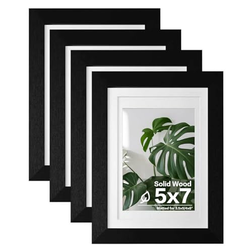 Egofine 5x7 Picture Frame 4PCS Made of Solid Wood, Display Picture 3.5x5/4x6 with Mat or 5x7 Covered by Plexiglass for Table Top Display and Wall Mounting Photo Frame, Black with Texture - color: Black with Texture, size: 5x7