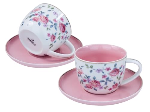 Porcelain Set of 2 Pastel Cups 8 oz with Saucers 5.75", Glamour by Marsseus Collection, Gift Box, Floral motif - color: Floral motif-3