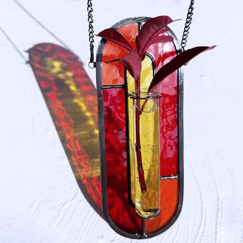 LITMIND Transparent Stained Glass Propagation Station - Handcrafted Suncatcher Hanging Planter with 2 Glass Tubes, Multi-Color Hydroponic Wall Décor for Windows, Home & Garden - color: Style A05 (Amber Blaze)