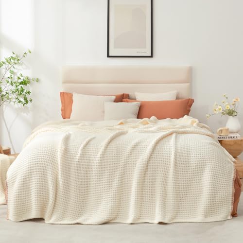 Snuggle Sac Cream Bedding Blankets Queen Size 90x90 inches, Reversible Microfiber Fluffy Fuzzy Soft Throw Cozy Knit Blanket for Women Mothers Birthday Gifts - color: Waffle Cream, size: Queen(90"x90")