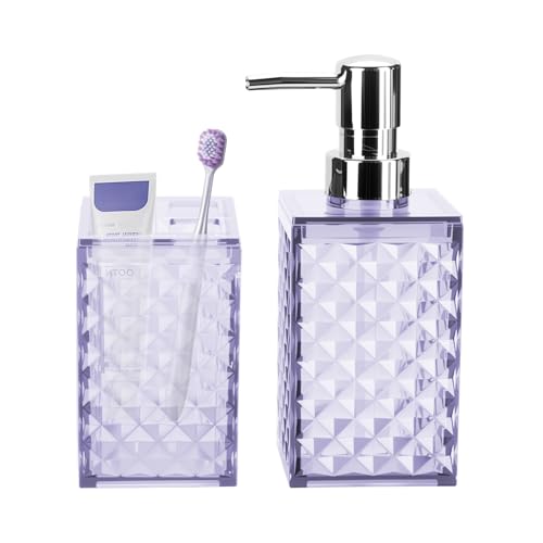 Bathroom Accessories Set 2 PCS, Purple Soap Dispenser and Toothbrush Holder | Diamond Pattern Bathroom Set for Boho Bathroom Decor - color: Purple