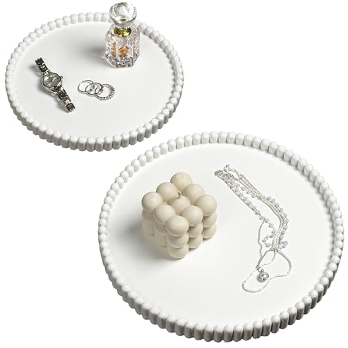 happimess Opulence Concrete Jewelry Trays 10.2", White, Set of 2 | Modern Minimalist Fluted Decorative Storage Display, Round Beaded Edges for Added Texture - color: White