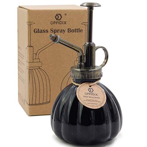 Plant Mister Flower Watering Can, 6.3" Tall Vintage Pumpkin Style Black Color Glass Spray Bottle & Bronze Plastic Top Pump Ideal for Watering Small Plants Inside Home or Office - color: E-Black