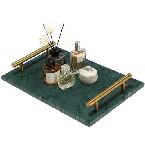 MAOPINER Green Marble Perfume Tray with Copper Color Metal Handles | Handmade Jewelry Catchall Tray for Counter, Vanity, Dresser, Nightstand, Bathroom and Desk Decor - color: Green