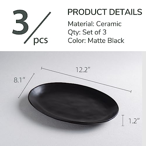 Ceramic Serving Platters, 12" Black Serving Tray, Serving Plates, Set of 3 | Magclay Large Oval Serving Plates for Dessert Appetizers Meat/Entertaining/Party, Matte Black - color: Matte Black