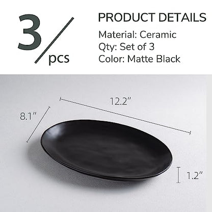 Ceramic Serving Platters, 12" Black Serving Tray, Serving Plates, Set of 3 | Magclay Large Oval Serving Plates for Dessert Appetizers Meat/Entertaining/Party, Matte Black - color: Matte Black