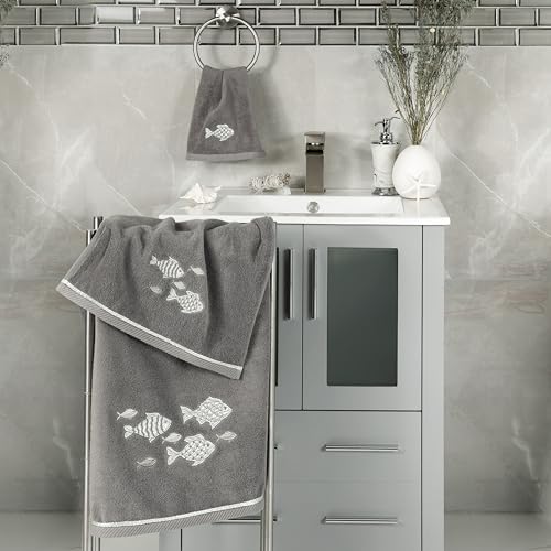 Treasure 4-Piece Premium Towel Set, Sparkling Applique Fish, Ultra Plush Turkish Cotton, Durable, Perfect for Bathroom, 2 Bath 2 Hand Towels, Charcoal - color: Charcoal, size: 2 Pcs Bath 2 Pcs Hand Towel