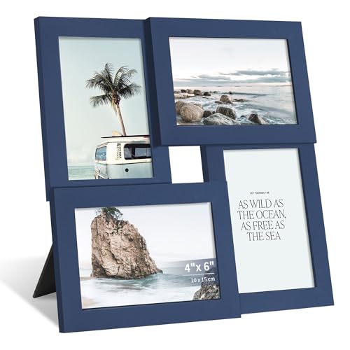 4x6 Collage Picture Frame, Wooden Frame with Real Glass, 4 Opening | Multi Picture Frame with Stand for Wall or Tabletop Display, Gallery Frame for Home Décor, Family Photo Display, Navy Blue - color: Blue