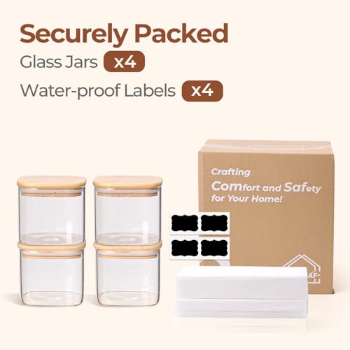ComSaf Square Glass Containers with Lids 0.7 Qt, Set of 6 Pantry Galss Jars | Glass Storage Containers with Lids, Small Canisters, Spice Jar, Bamboo Lid with Silicone Seal, Size For Subpackage, BPA Free - size: 0.7Qt*4