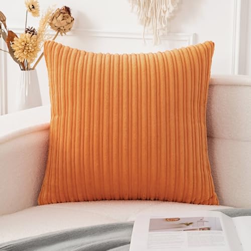 UGASA Fall Decorative Soft Velvet Stripe Pillow Cover 1 Pack Solid Corduroy Textured Euro Cushion Case for Couch Bedroom Sofa Farmhouse, 18x18 Inch, Orange - color: Orange, size: 18" x 18" (Pack of 1)