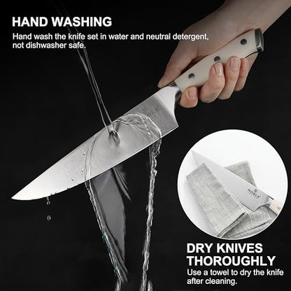 N NOBLE FAMILY In-drawer Knife Block Set, 16PCS Kitchen Knife Set with Wooden Block, Chopping Knives Set, Stainless Steel Knife Block Set, Sharp Cooking Knife Set with Cutting Board, Rust Proof, White - color: White