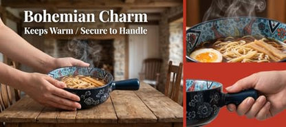 Boho Floral Ceramic Soup Bowls with Handles, 21oz Microwave Oven Safe Set of 4 for Stew, Pasta and Chili - color: Flower
