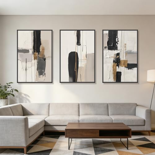 Large Neutral Abstract Wall Art Set of 3 Framed Canvas Prints, 24x36 Inch Modern Beige Black Abstract Paintings with Gold Accents, Minimalist Wall Decor for Living Room Bedroom Dining Room, Metal Frame Ready to Hang - color: Monochrome Strokes, size: 36"L