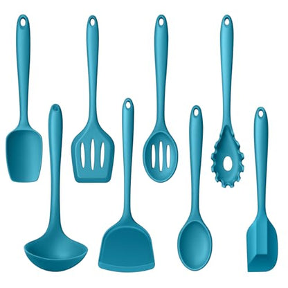 LIANYU Non-Toxic Kitchen Cooking Utensils Set, 8Pcs Blue Silicone Tools | Heat Resistant Cooking Gadgets for Nonstick Cookware, Includes Silicone Spatula, Ladle, Spoon Turner, Dishwasher Safe - color: Blue