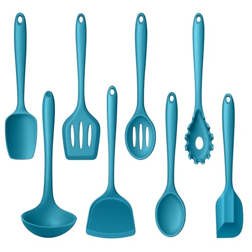 LIANYU Non-Toxic Kitchen Cooking Utensils Set, 8Pcs Blue Silicone Tools | Heat Resistant Cooking Gadgets for Nonstick Cookware, Includes Silicone Spatula, Ladle, Spoon Turner, Dishwasher Safe - color: Blue