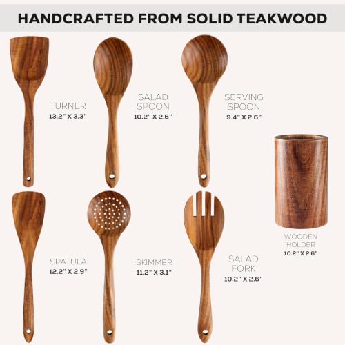 Zulay Kitchen 7-Piece Wooden Cooking Spoons Set – Heat-Resistant, Smooth Teak Utensils with Comfort Grip – Lightweight & Durable – Easy to Clean, Perfect for Non-Stick Cookware - size: 7 Piece