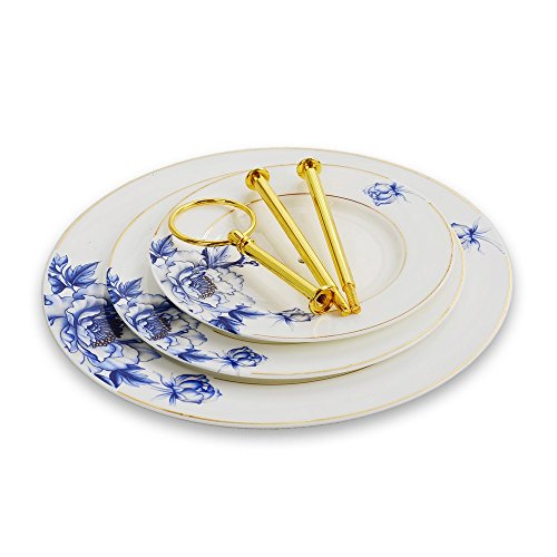 Gold Trimmed Blue Floral 3 Tier Cake Stand, Dessert Stand, Cupcake Stand