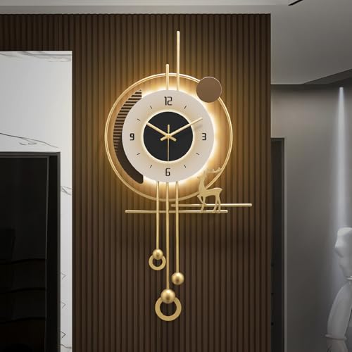 Modern Wall Clock for Living Room,Large Gold Decorative Wall Clock with Light,Creative Silent Clock Battery Operated for Kitchen/Entryway/Bedroom/Office/Dinning Room Metal Wall Decor - size: 15"Lx31"W