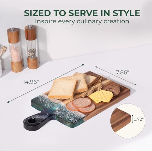 Acacia Wood Serving Board with Handle, 15" x 7.9" Dual-Sided Resin Art Tray for Display & Prep, Handcrafted Cutting Board, Includes Stand & Loofah, Christmas Housewarming Gift (Rectangular) - color: Rectangular Cutting Board, size: Small