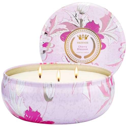 M&SENSE Cherry Blossom Scented Candles 12 oz, Large 3 Wick Soy Tin | Triple Wick, 40 Hour Long Burn, Non-Toxic,100% Natural Soy Wax, Stress Relaxing Aromatherapy Candle Gift for Women Men - color: Cherry Blossom